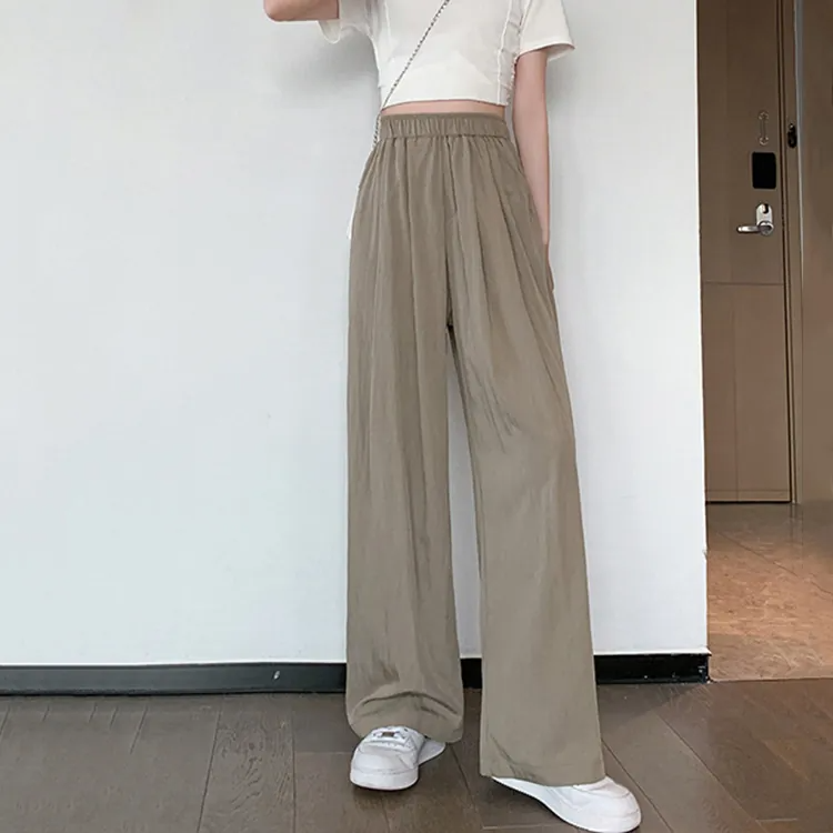 日系休閒寬鬆垂感冰絲闊腿褲(4色)-NamoDress