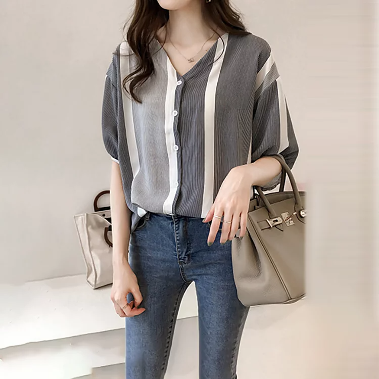 韓版拼色條紋蝙蝠袖寬鬆襯衫（3色）-NamoDress