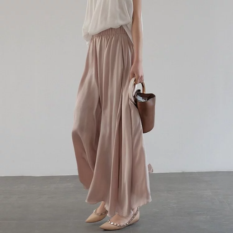 緞面光澤感高腰垂感闊腿褲（4色）-NamoDress