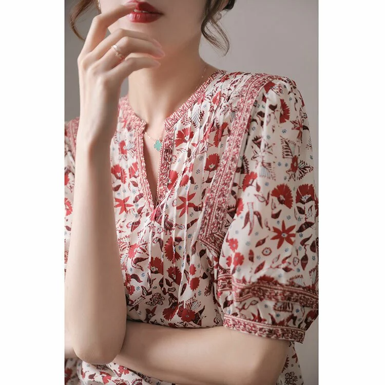 小眾設計復古印花泡泡袖襯衫-NamoDress