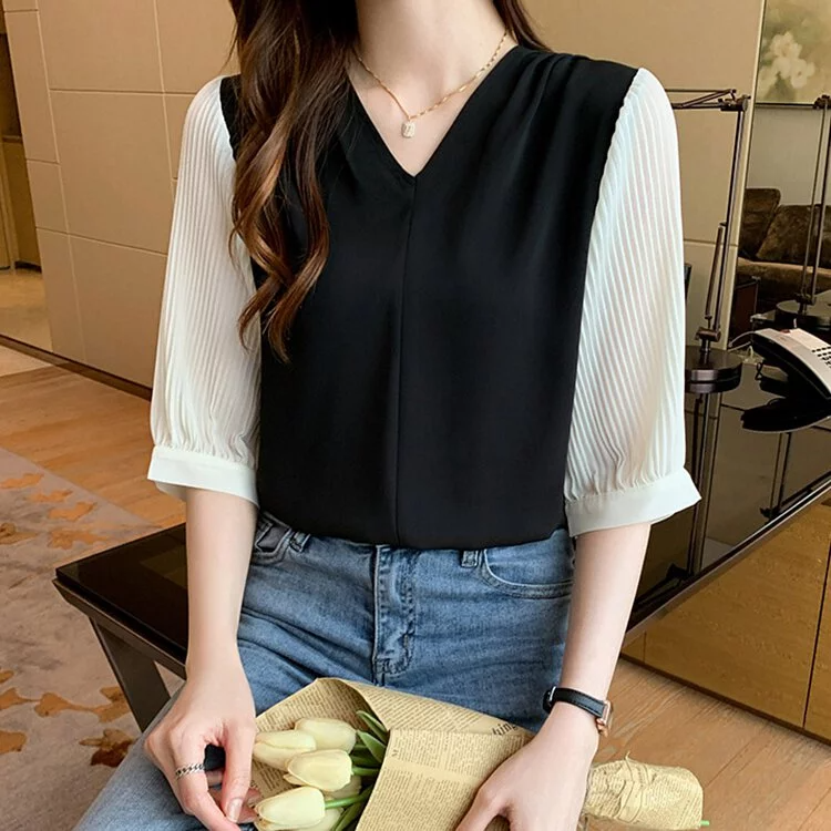 經典黑白配色壓褶五分袖襯衫-NamoDress