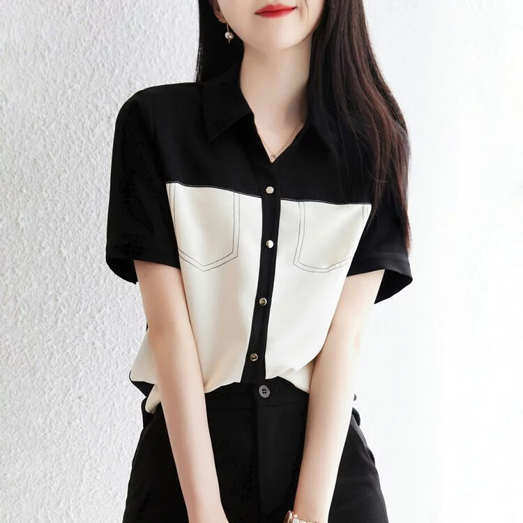 韓版拼色翻領短袖襯衫-NamoDress