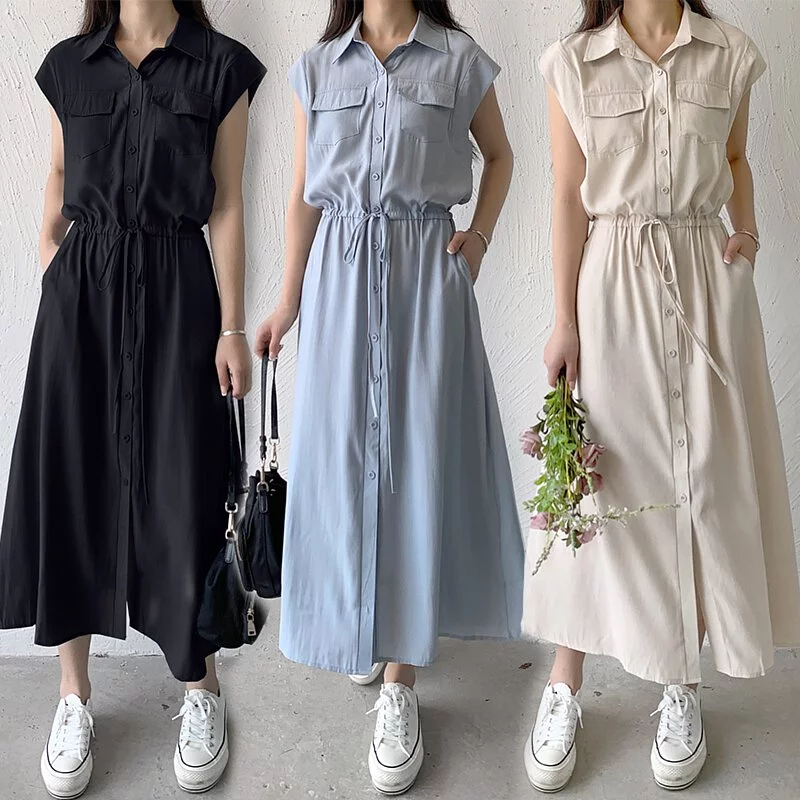 日系口袋翻領休閒無袖連身裙（3色）-NamoDress