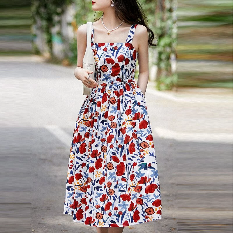 復古油畫印花連身裙 / 半身裙（有口袋）-NamoDress