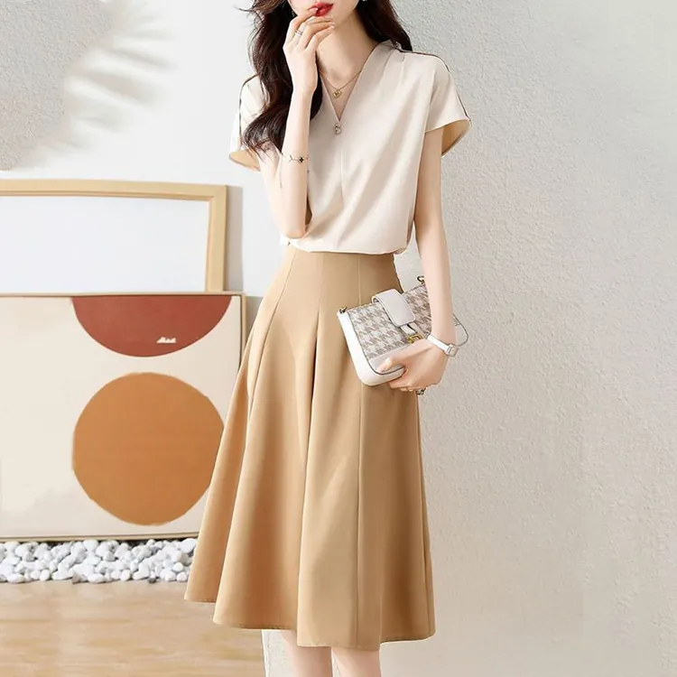 韓版時尚氣質V領襯衫+A字半身裙套裝-NamoDress