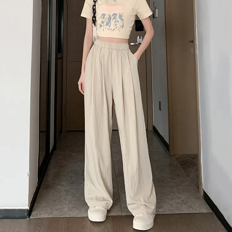 日系休閒寬鬆垂感冰絲闊腿褲(4色)-NamoDress