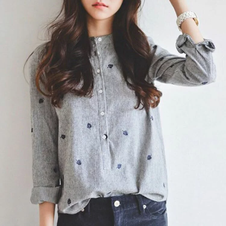 韓版樹葉刺繡立領休閒襯衫