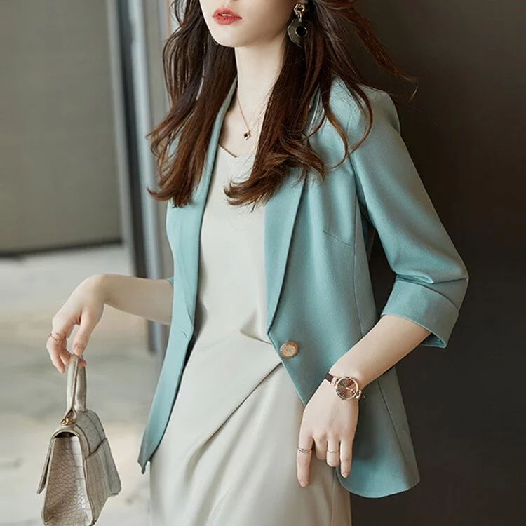 韓版休閒一粒扣七分袖短款西裝外套（4色）-NamoDress