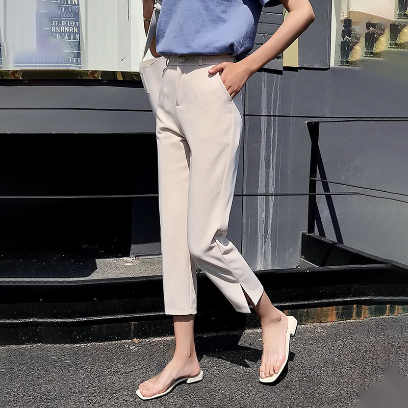 韓版直筒開叉九分煙管褲-NamoDress