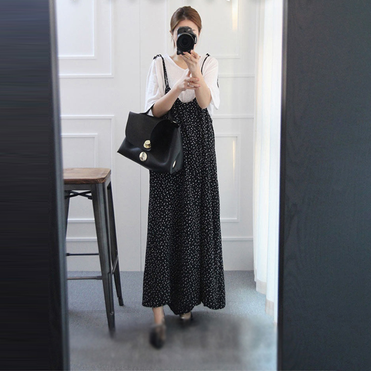 純色圓領短袖+吊帶遮肚顯瘦闊腿九分連體褲套裝-NamoDress