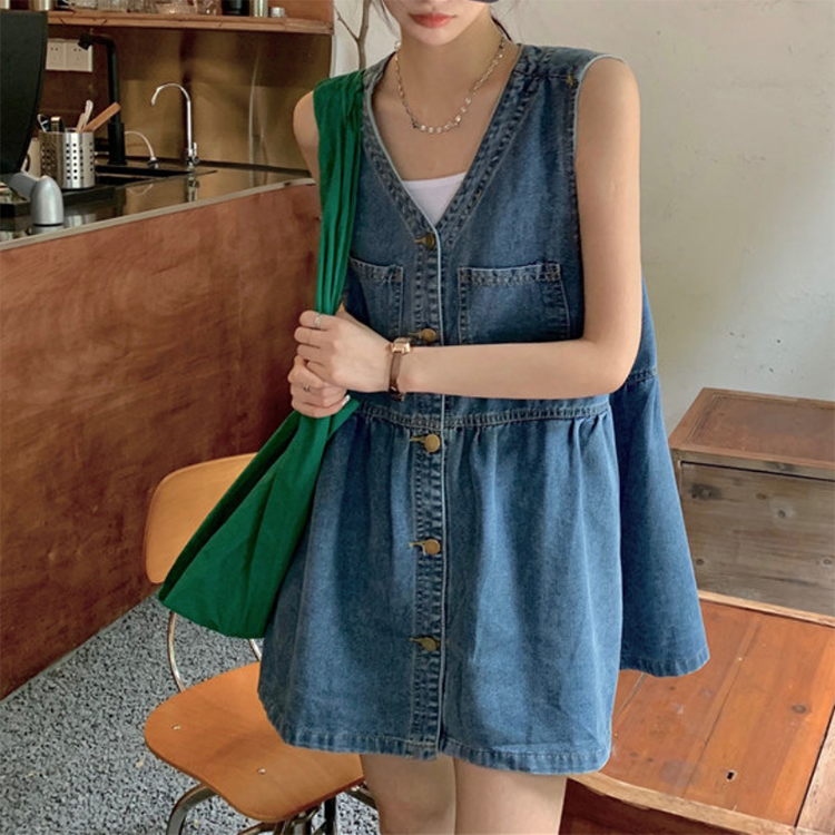 韓版寬鬆小個子休閒無袖牛仔連身裙-NamoDress