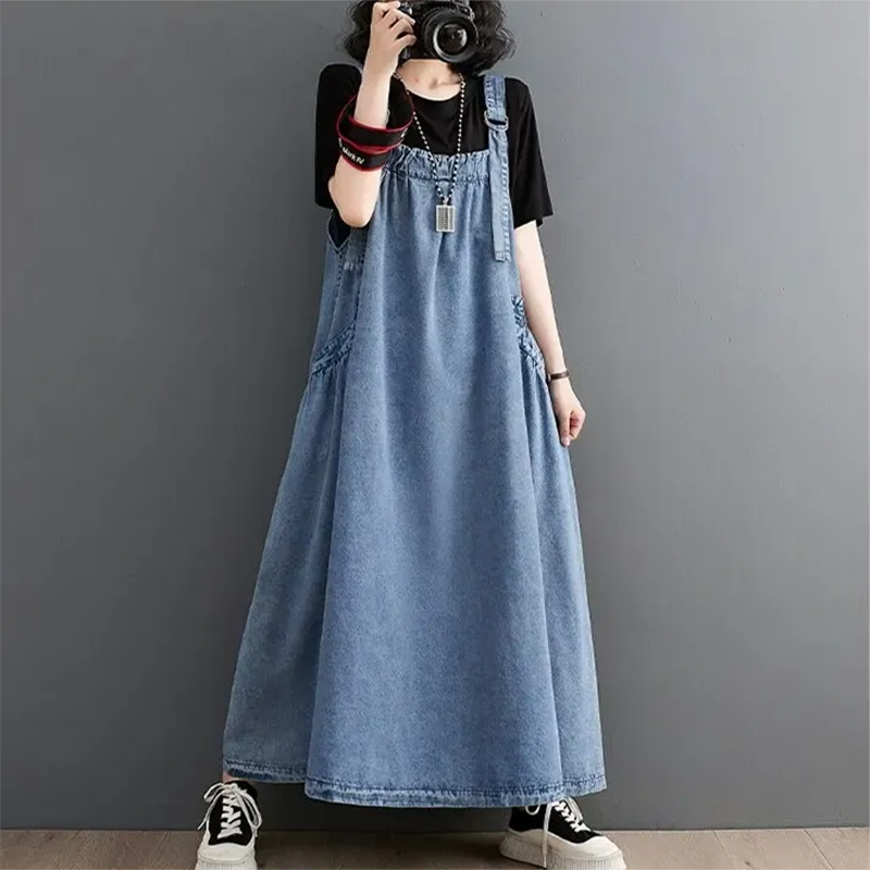 復古設計感顯瘦背帶牛仔寬鬆休閒連身裙(3色)