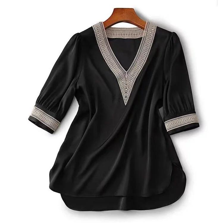 氣質彈力拼接鏤空V領緞面襯衫-NamoDress