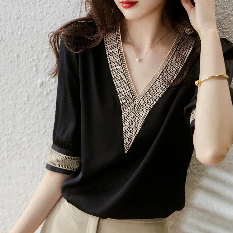 氣質彈力拼接鏤空V領緞面襯衫-NamoDress