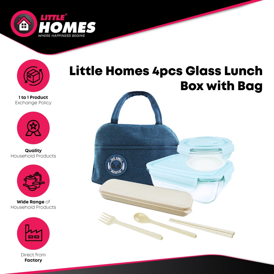 4pcs Glass Lunch Box With Bag Glass Lunch Box Blue / Pink Lunch Box Bag Bekas Makanan Beg Lunch Box