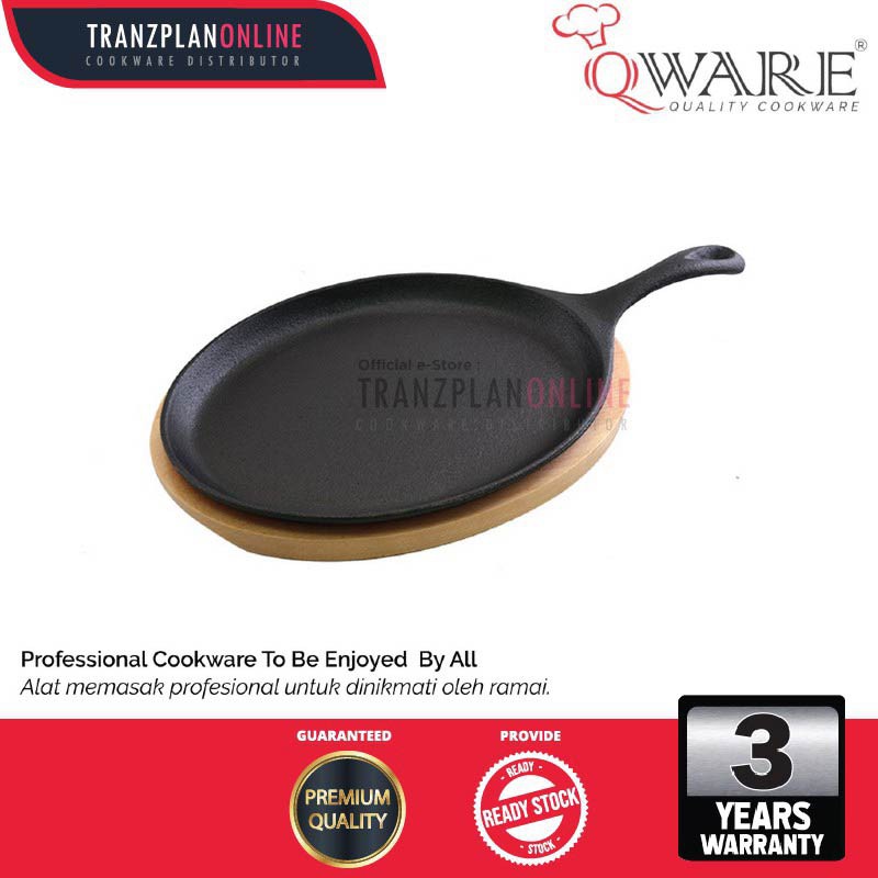 Cast Iron Oval Sizzling Plate (25cm*18cm) with Wooden Board. Ideal for Individual Steaks and Dishes
