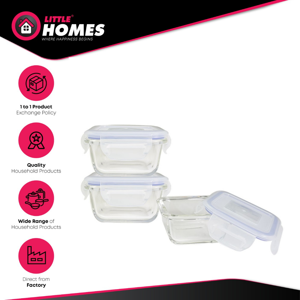Square Borosilcate Glass Container With Airtight Lid 180ml (3 Pcs Set) Food Container Baby Food Jars Beka