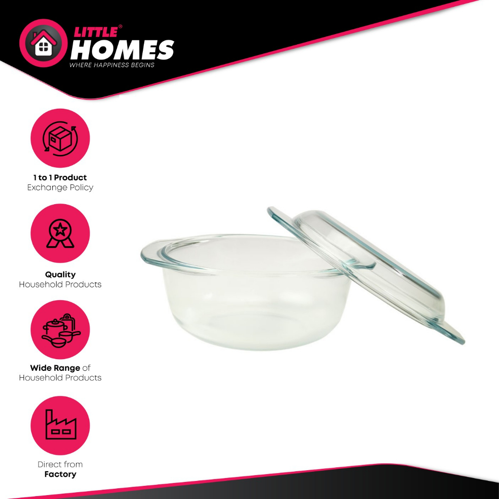 Round Tempered Glass Casserole With Lid 1.5L Food Container Serving Bowl Mangkuk Kaserol