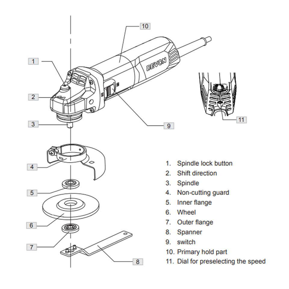 Devon 4'' Angle Grinder | 100mm | 900W | Speed Control | SIDE SWITCH | M10/M14 