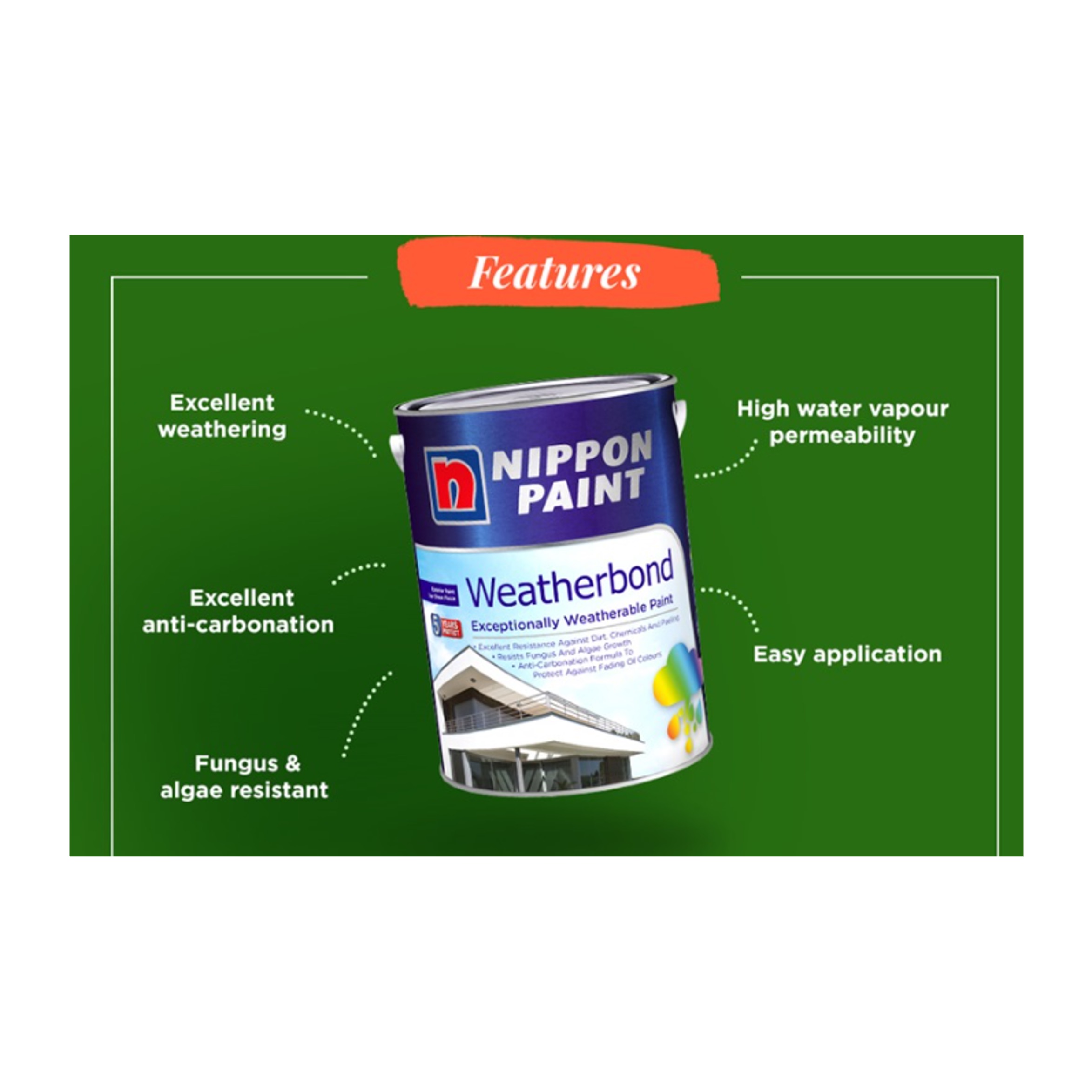 (5L) Nippon Paint Weatherbond-GoKimDiam Hardware Shop Shop online for all your hardware needs at GoKimDiam Hardware Shop (by Kak Heng Hardware)! From wide range of hardware tools, premium paint supplies to essential tools for home DIY projects. Enjoy free islandwide delivery with min. $120 online order to Orchard, Tuas, Jurong, Punggol, Bedok, Sengkang, Hougang, Bukit Timah, Bukit Panjang, Bukit Batok etc. Shop with us today! Or, visit our Hardware Shop in Sembawang!