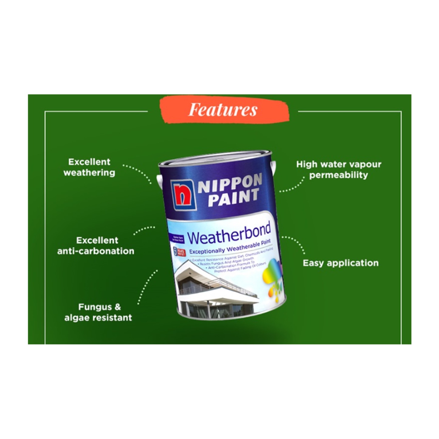 (5L) Nippon Paint Weatherbond-GoKimDiam Hardware Shop Shop online for all your hardware needs at GoKimDiam Hardware Shop (by Kak Heng Hardware)! From wide range of hardware tools, premium paint supplies to essential tools for home DIY projects. Enjoy free islandwide delivery with min. $120 online order to Orchard, Tuas, Jurong, Punggol, Bedok, Sengkang, Hougang, Bukit Timah, Bukit Panjang, Bukit Batok etc. Shop with us today! Or, visit our Hardware Shop in Sembawang!