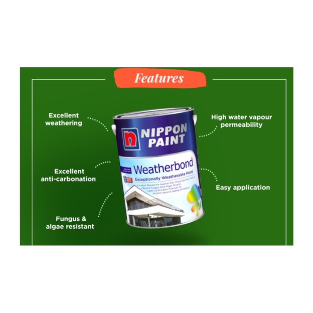 (5L) Nippon Paint Weatherbond-GoKimDiam Hardware Shop Shop online for all your hardware needs at GoKimDiam Hardware Shop (by Kak Heng Hardware)! From wide range of hardware tools, premium paint supplies to essential tools for home DIY projects. Enjoy free islandwide delivery with min. $120 online order to Orchard, Tuas, Jurong, Punggol, Bedok, Sengkang, Hougang, Bukit Timah, Bukit Panjang, Bukit Batok etc. Shop with us today! Or, visit our Hardware Shop in Sembawang!