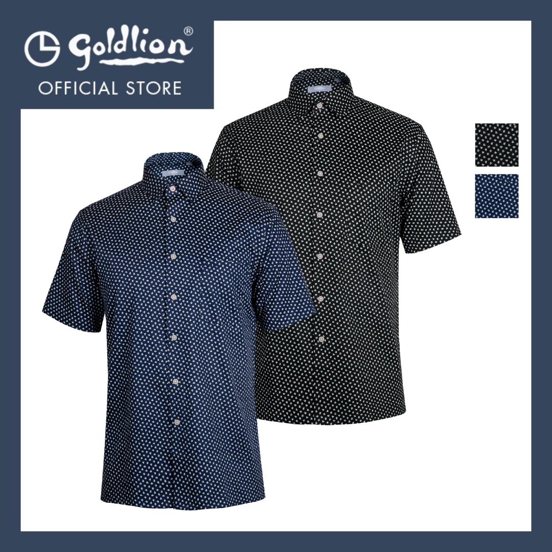 Goldlion Smart Casual Regular Fit Cotton Short-Sleeved Shirt - Navy / Black Printed