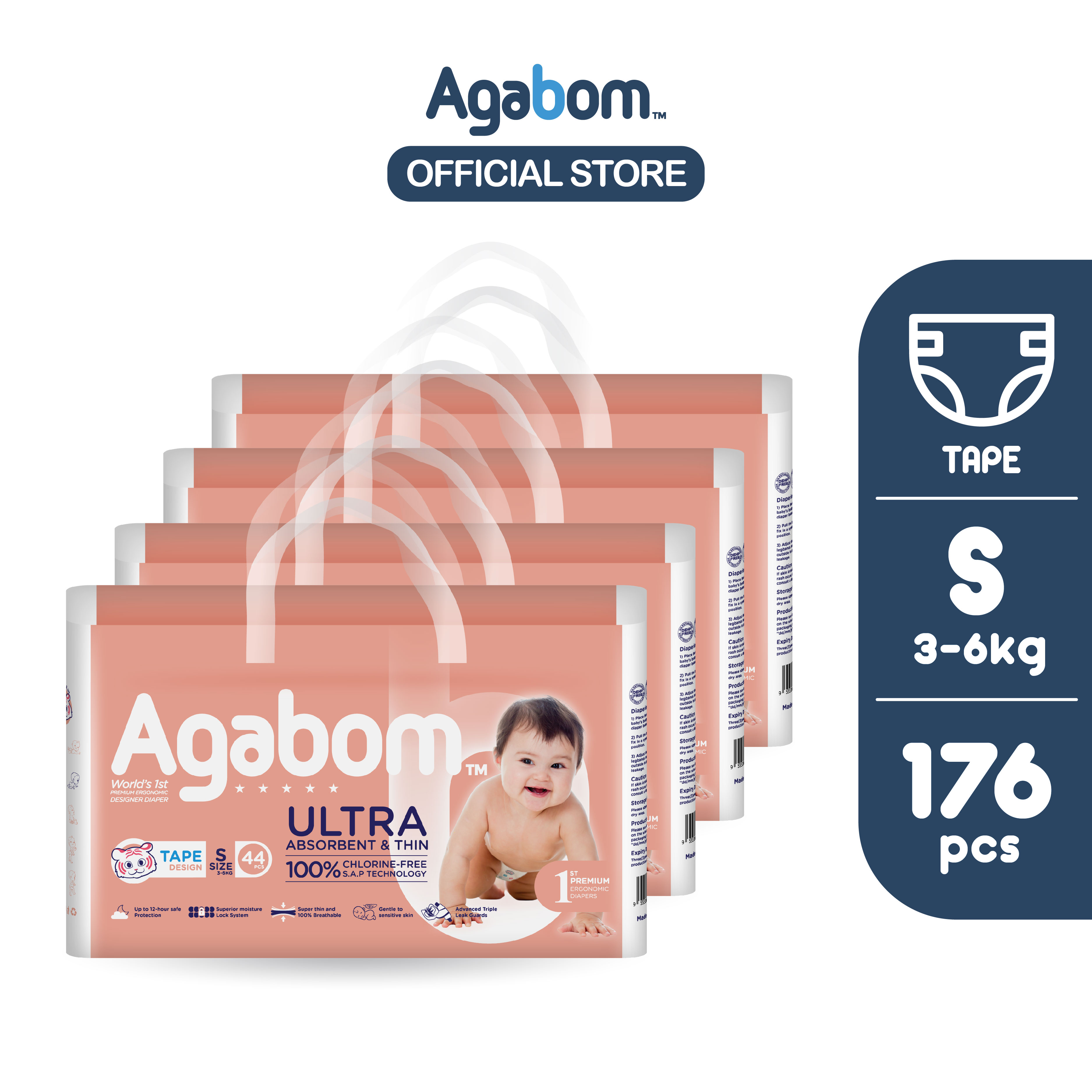 [Agabom]  100% SAP Ultra Thin Baby Tape Diaper NB-XL (1 Carton)