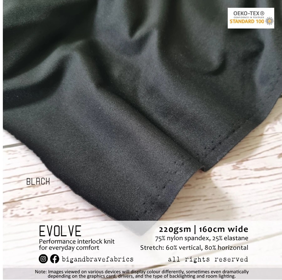 EVOLVE Athletic Brushed Interlock Nylon Spandex (220gsm), BLACK - last yard