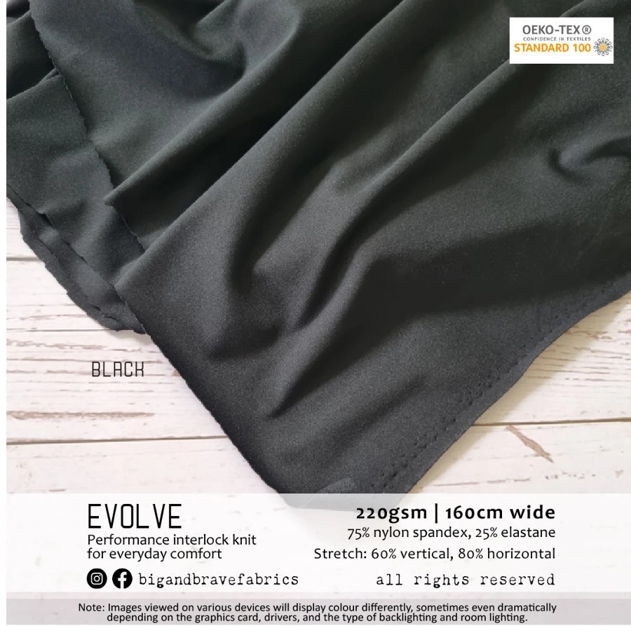 EVOLVE Athletic Brushed Interlock Nylon Spandex (220gsm), BLACK - last yard