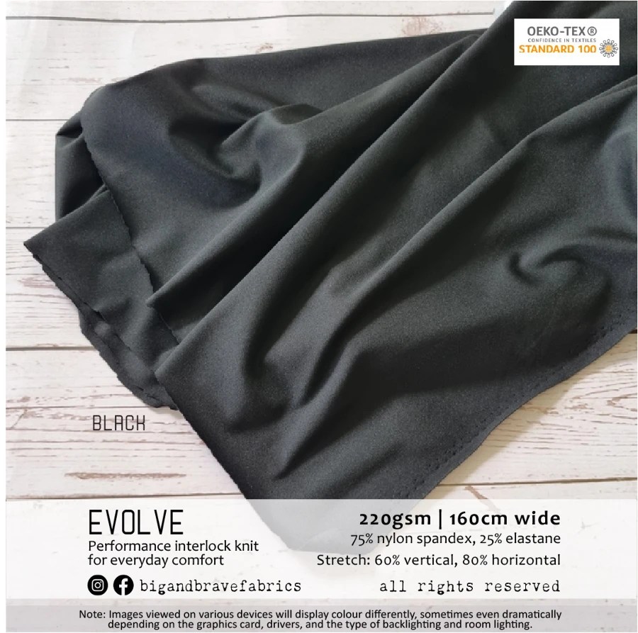 EVOLVE Athletic Brushed Interlock Nylon Spandex (220gsm), BLACK - last yard