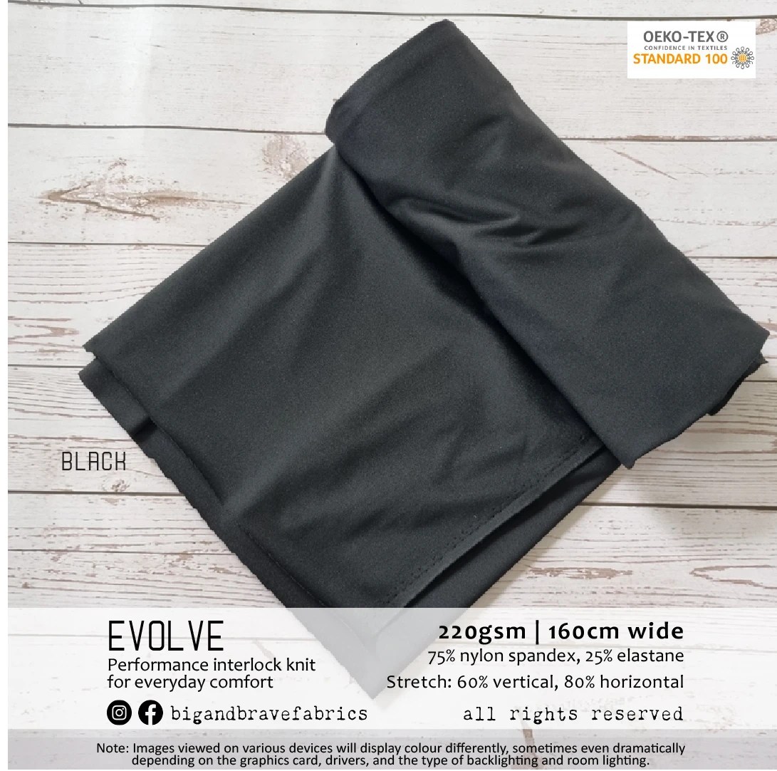EVOLVE Athletic Brushed Interlock Nylon Spandex (220gsm), BLACK - last yard