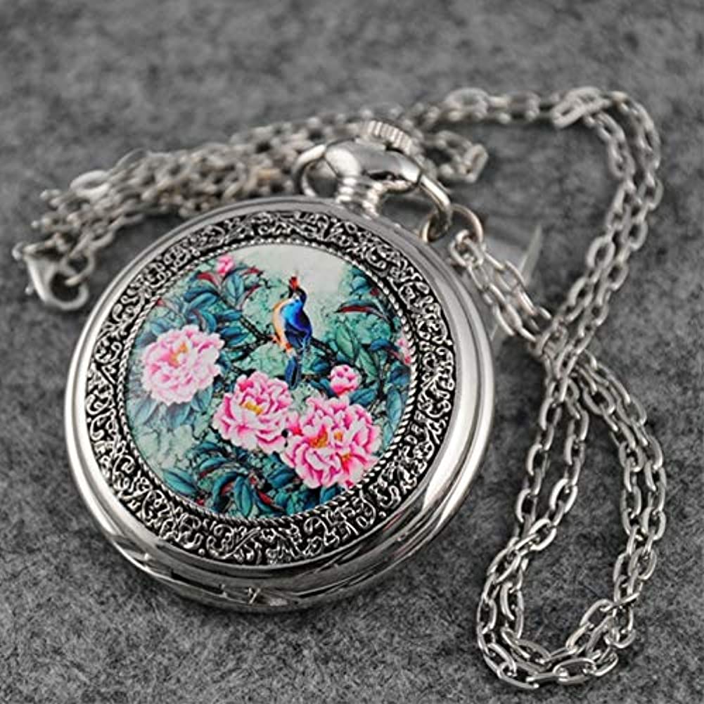 Fashion Flower Bird Pattern Quartz Pocket Watch Analog Pendant Necklace Mens Womens Watches Gift