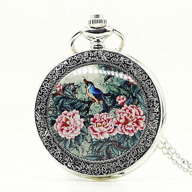 Fashion Flower Bird Pattern Quartz Pocket Watch Analog Pendant Necklace Mens Womens Watches Gift