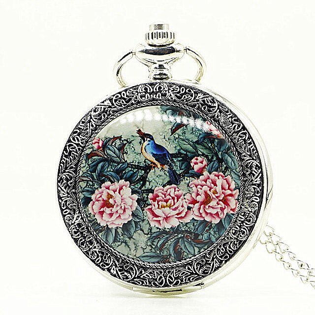 Fashion Flower Bird Pattern Quartz Pocket Watch Analog Pendant Necklace Mens Womens Watches Gift