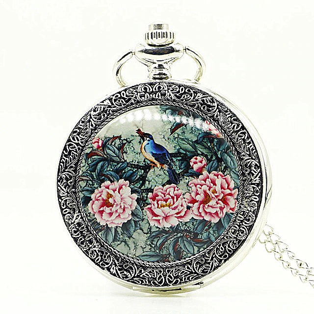 Fashion Flower Bird Pattern Quartz Pocket Watch Analog Pendant Necklace Mens Womens Watches Gift