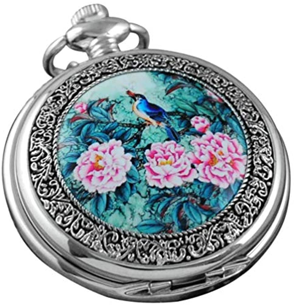 Fashion Flower Bird Pattern Quartz Pocket Watch Analog Pendant Necklace Mens Womens Watches Gift