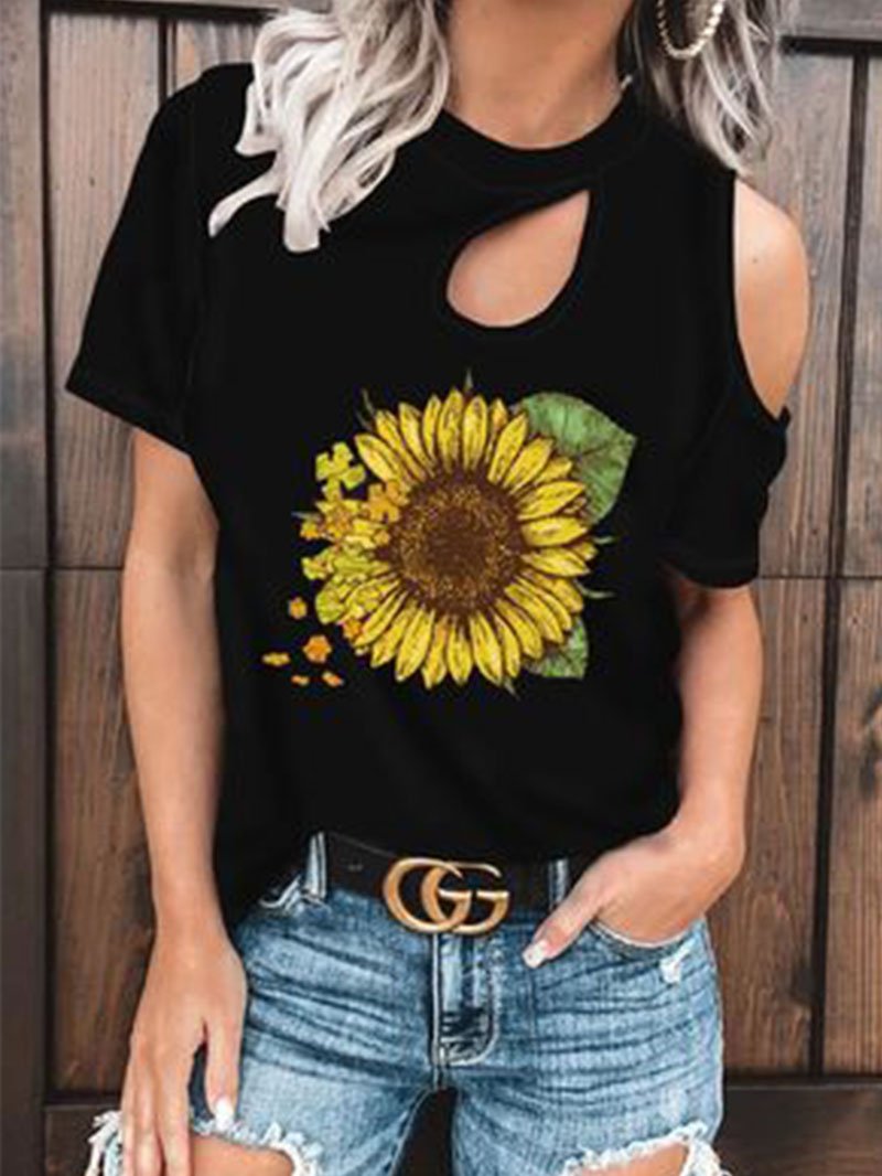 Women's sunflower print short-sleeved tops让家人节日让人家