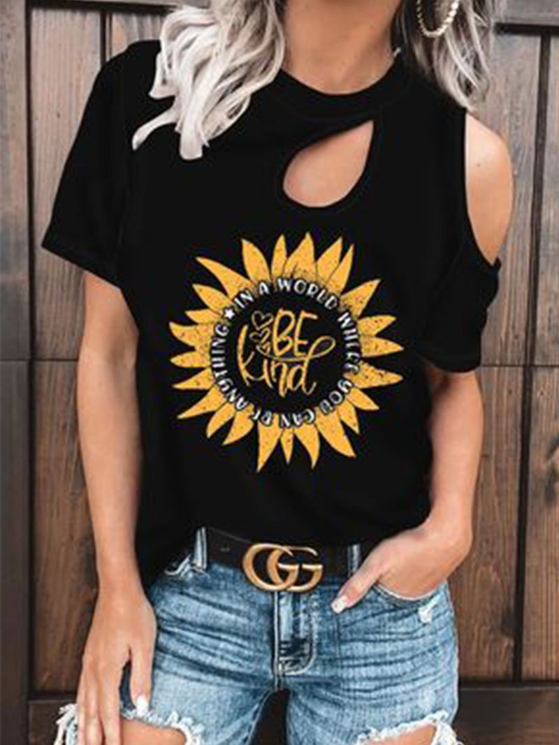 Sunflower be kind printed off-the-shoulder tear-through women's T-shirt