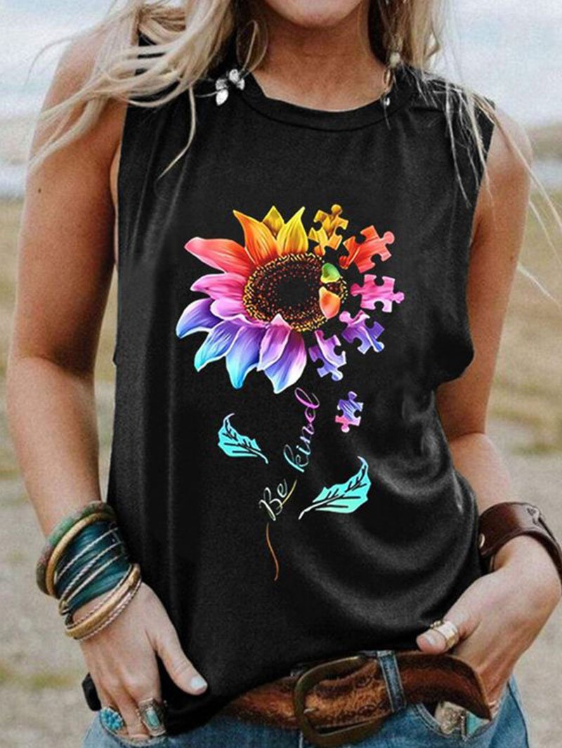 Colorful sunflower puzzle be kind print sleeveless round neck women's T-shirt