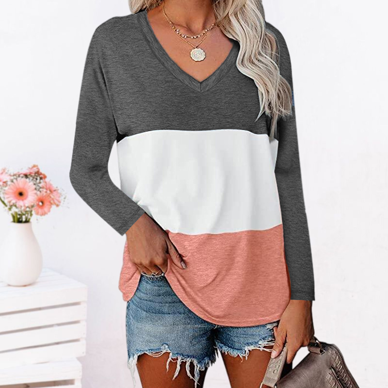 Casual Color Blocking V-neck Long-Sleeved T-shirt000000