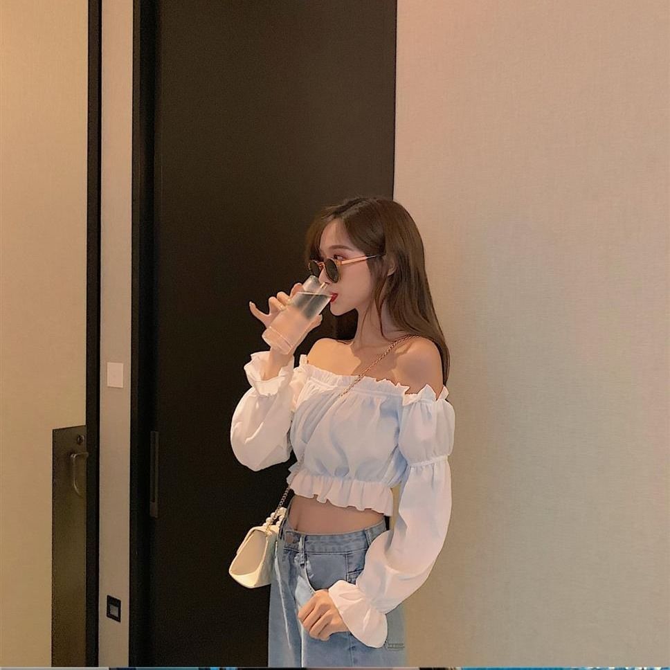 Women Top Sexy Blouse Off Shoulder Top Long Sleeve Solid Color White Shirt Puff Sleeve Ruffle Tunic Crop Top Summer Tube Top