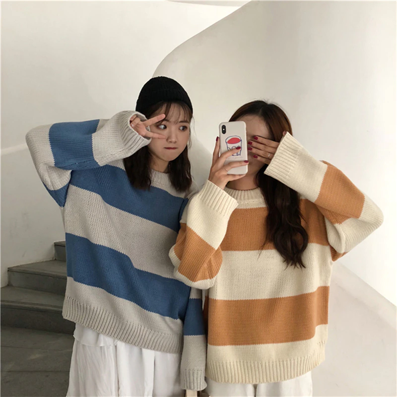 1Women Sweater striped pullovers dropshipping long sleeve tops harajuku vintage aesthetic oversized korean style kawaii clothes