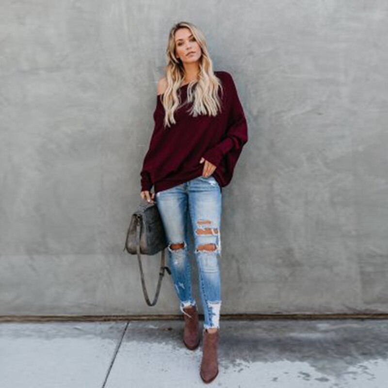 12Umeko Autumn Winter One-shoulder Fashion Sweater Batwing Sleeve Women's Knitted Sweater New Loose Versatile Multicolor Sweaters