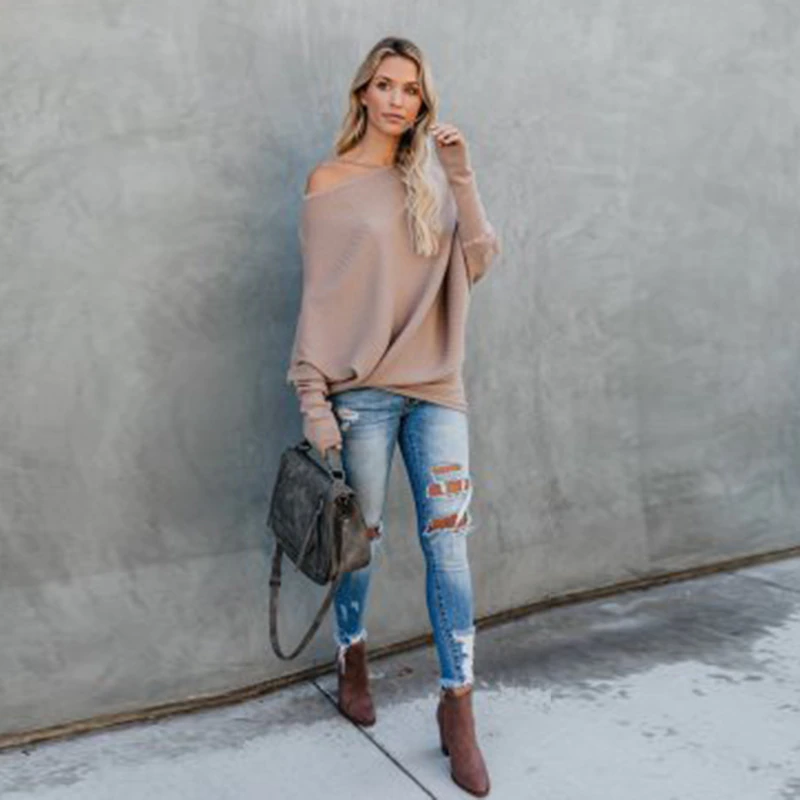 12Umeko Autumn Winter One-shoulder Fashion Sweater Batwing Sleeve Women's Knitted Sweater New Loose Versatile Multicolor Sweaters