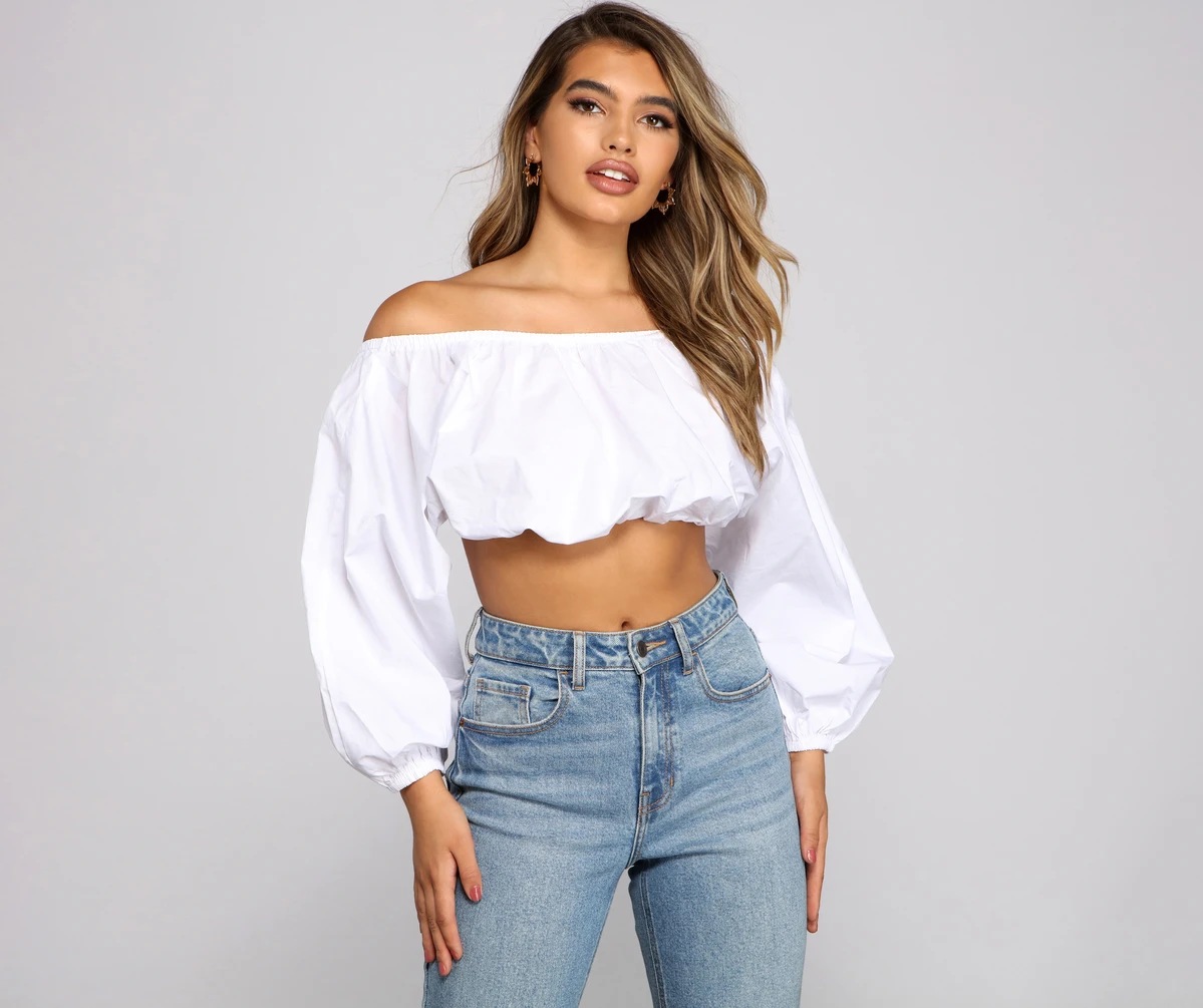 Women Top Sexy Blouse Off Shoulder Top Long Sleeve Solid Color White Shirt Puff Sleeve Ruffle Tunic Crop Top Summer Tube Top