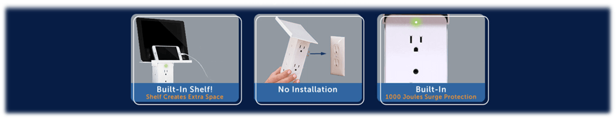 Built-in Shelf! Shelf creates extra space No installation Built-in 1000 Joules surge protection