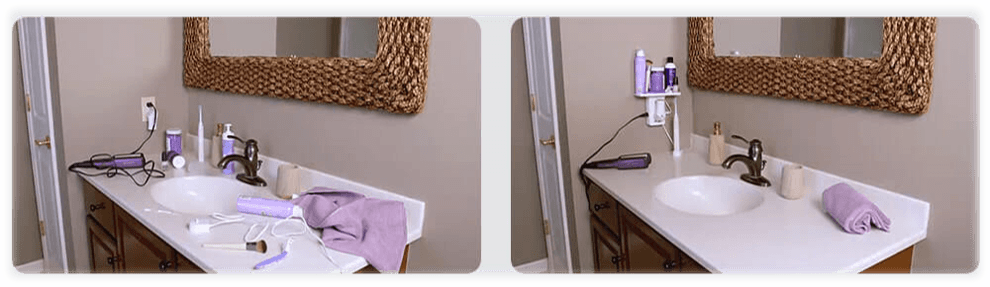 Shows the comparison of your bathroom counter before and after using the Socket Shelf.