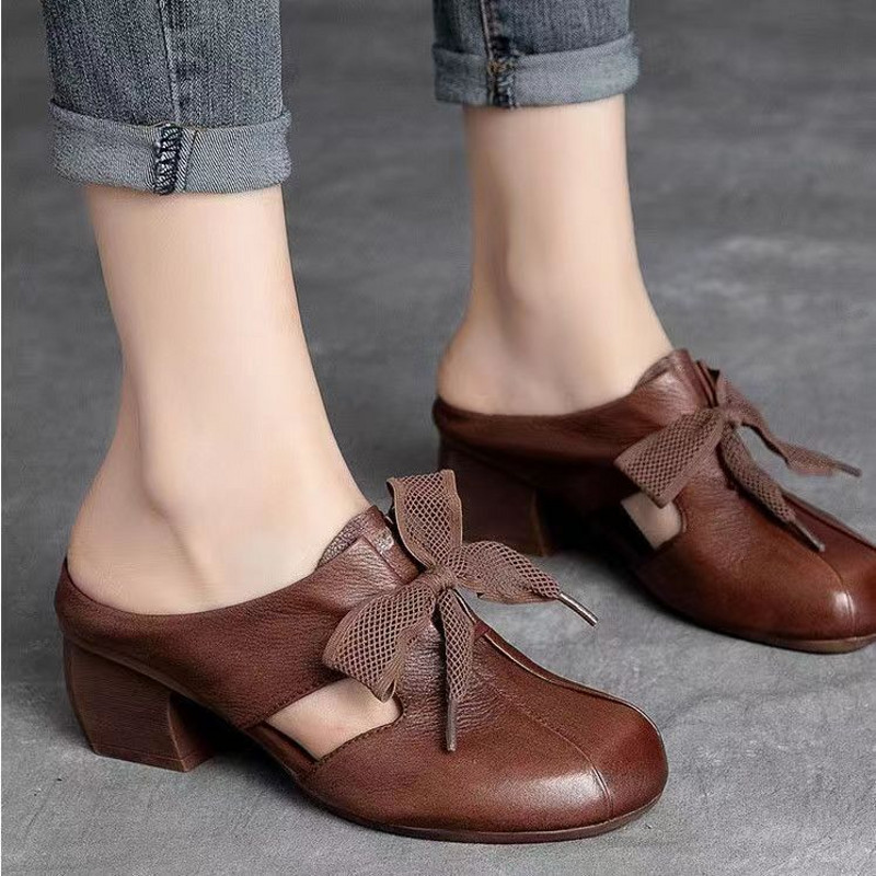 Women's fashion soft leather outer wear thick mid-heel sandals