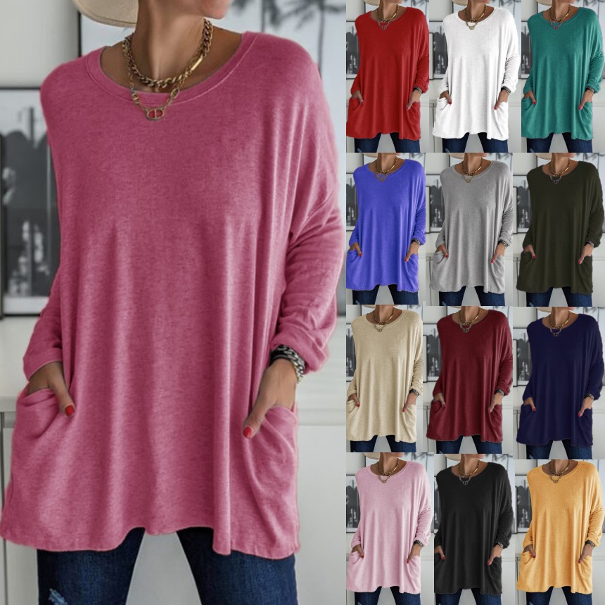 🎅Christmas Promotion -49% OFF🎄Round Neck Long Sleeve Loose Pocket Solid T-Shirt